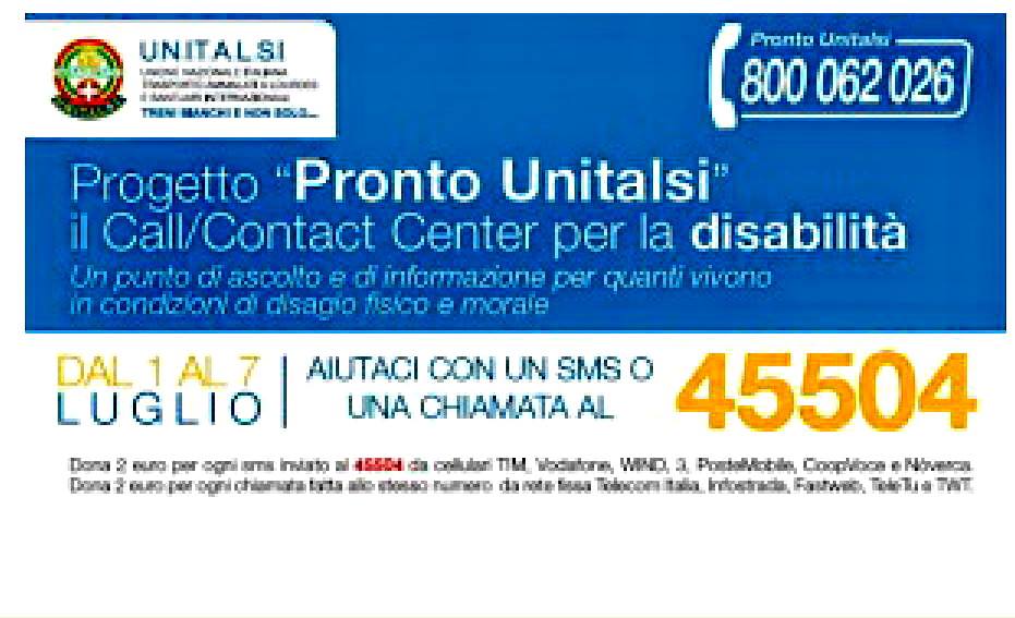  “PRONTO UNITALSI”: AL VIA LA RACCOLTA FONDI IN FAVORE DEL CALL/CONTACT CENTER PER LA DISABILITA’