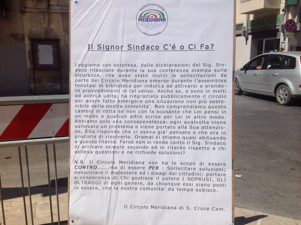  Il Circolo Meridiana contesta il “tempismo” del sindaco: “Arriva dopo su qualsiasi problematica”