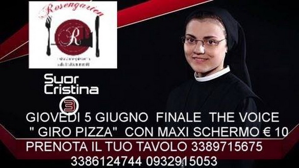 Giropizza al ‘Rosengarten’ per la finale di ‘The Voice’: il 5 giugno tifiamo per Suor Cristina PRENOTA