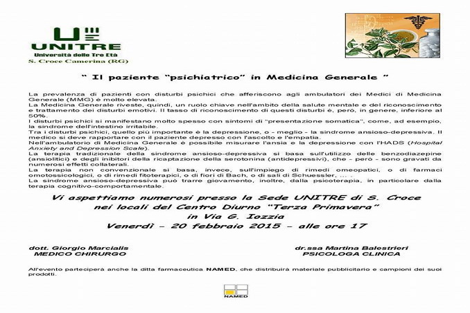  Santa Croce – Venerdi alle ore 17 presso il Centro Diurno conferenza “Il paziente psichiatrico in medicina generale”