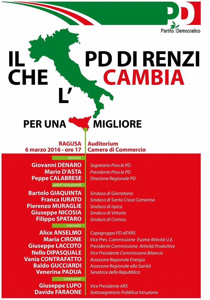  Ragusa – Il PD di Renzi che cambia l’Italia per una Sicilia migliore, convegno domenica alle ore 17